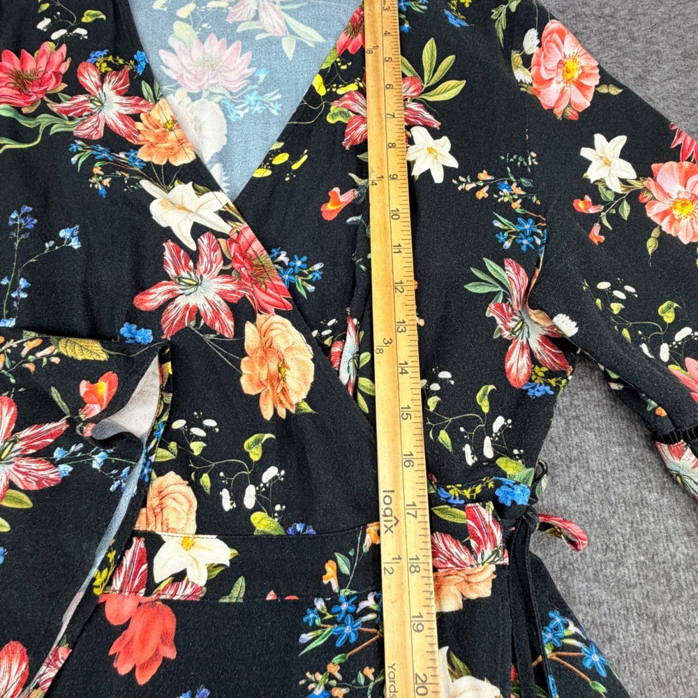 Farm Rio Black Floral Wrap Maxi Dress Bell Sleeve Tassel Boho Women Large L - Picture 5 of 10